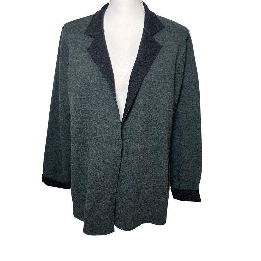 Eileen Fisher gray and black merino wool open boxy blazer sweater jacket‎ size M